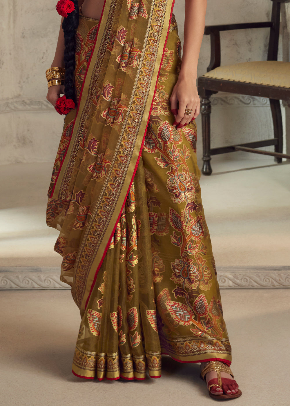 Caramel Brown Floral Printed Organza Silk Saree - qivii
