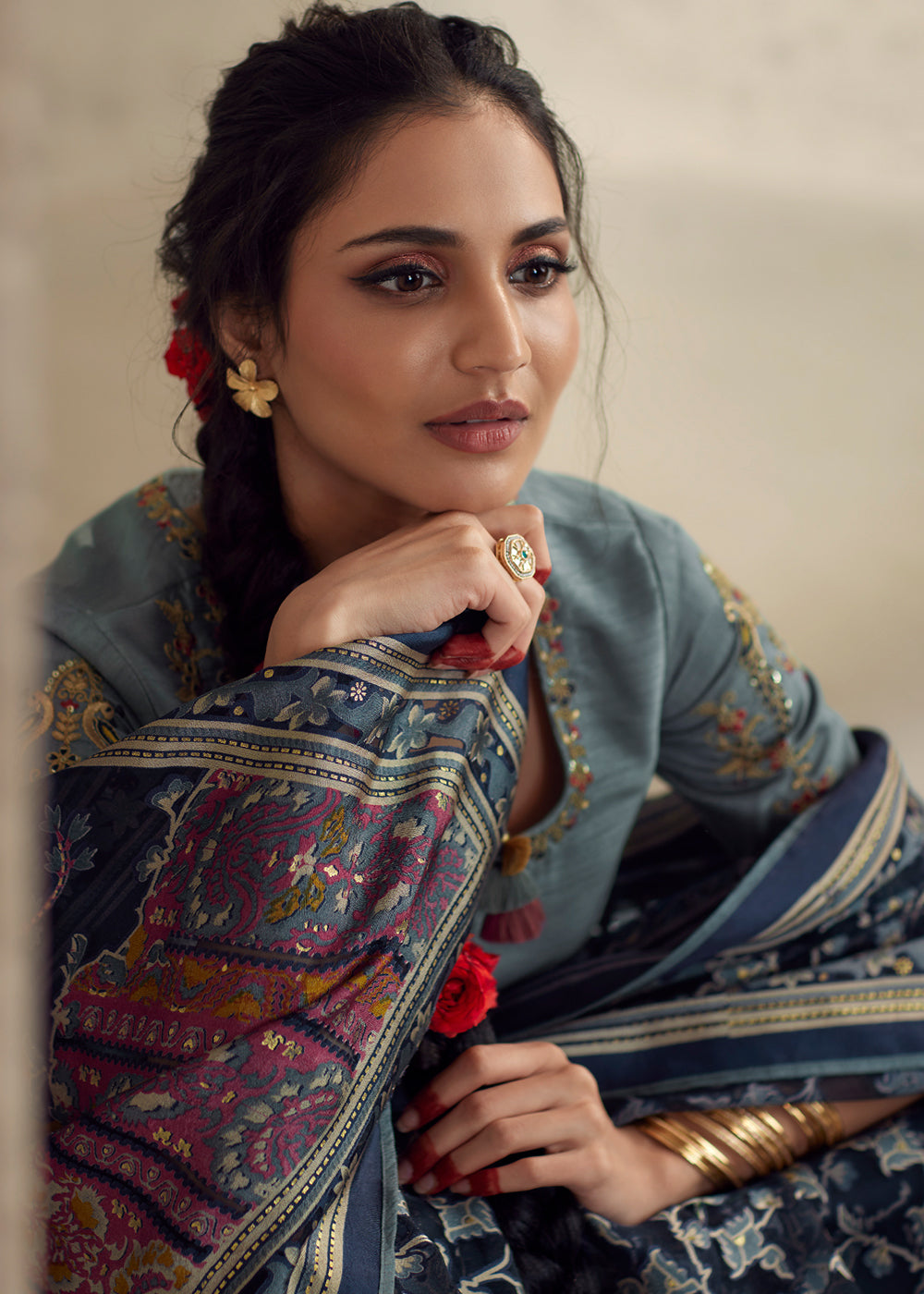 Dark Blue Floral Printed Organza Silk Saree - qivii