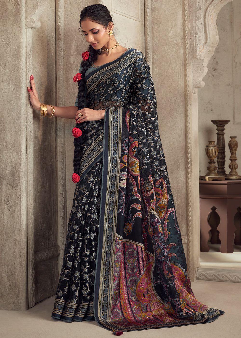 Dark Blue Floral Printed Organza Silk Saree - qivii