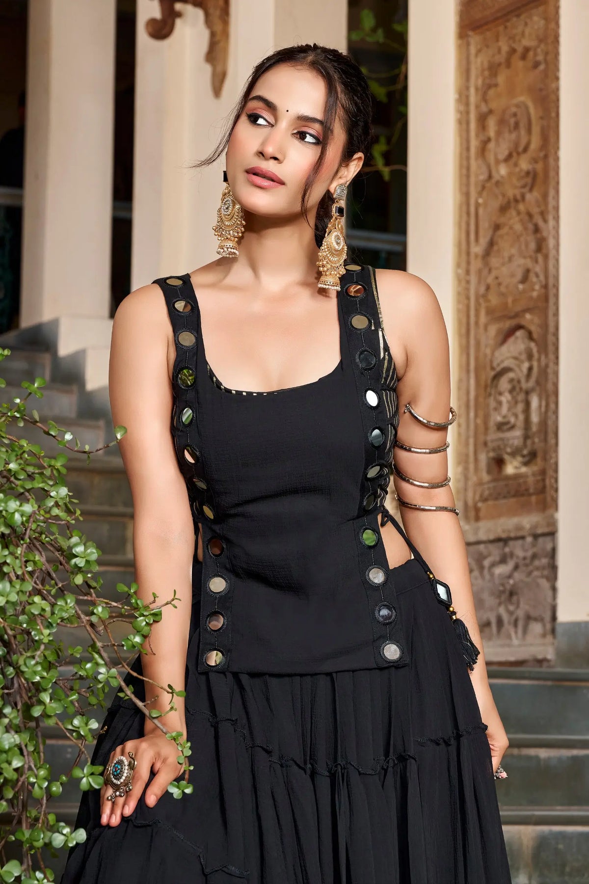 14 Meter Flair | Black Lightweight Navratri Lehenga With Mirror Work Koti