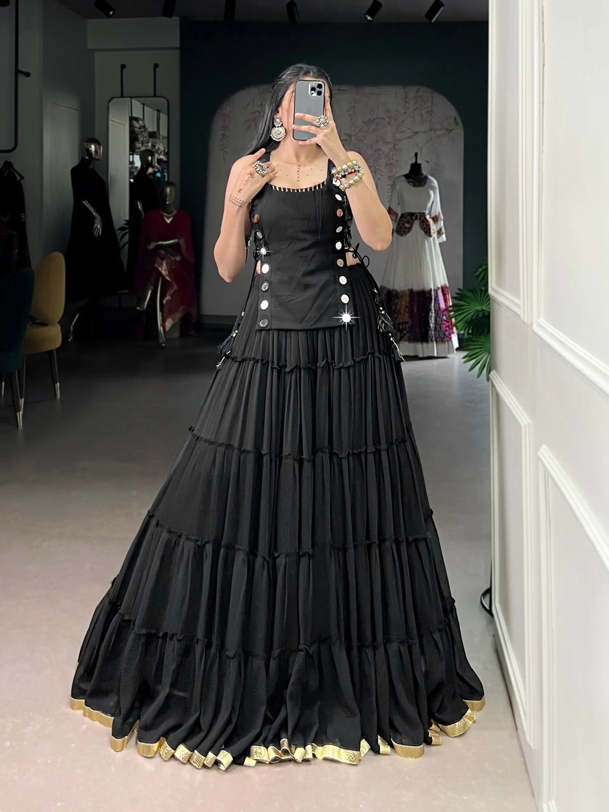 14 Meter Flair | Black Lightweight Navratri Lehenga With Mirror Work Koti