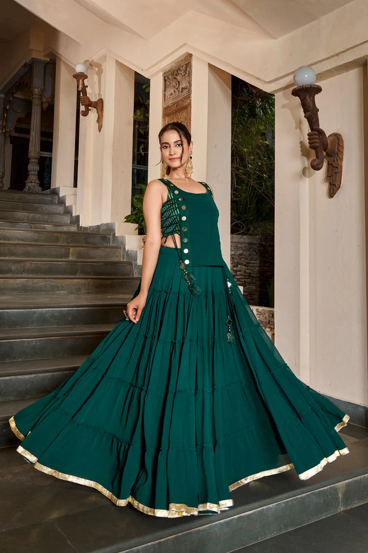 14 Meter Flair | Green Lightweight Navratri Lehenga With Mirror Work Koti