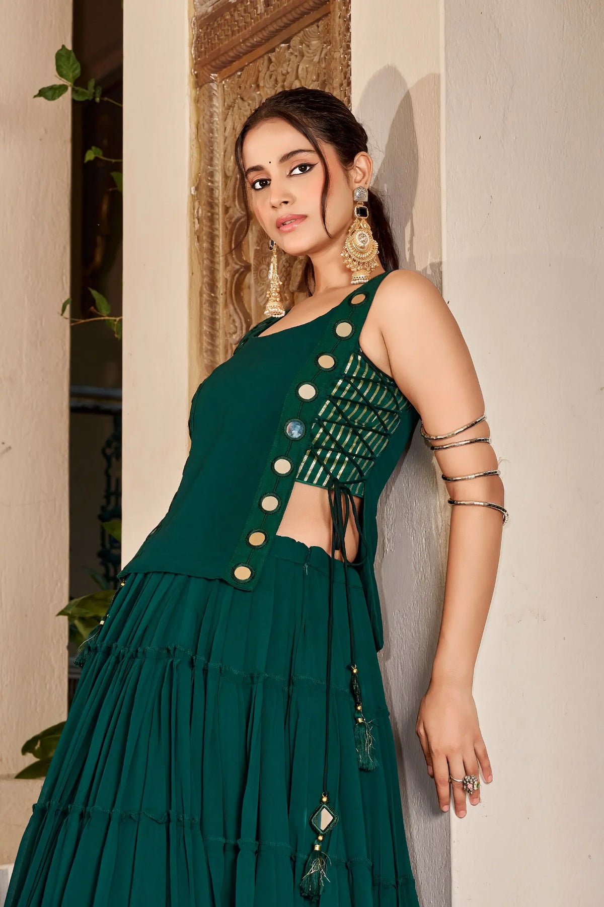 14 Meter Flair | Green Lightweight Navratri Lehenga With Mirror Work Koti