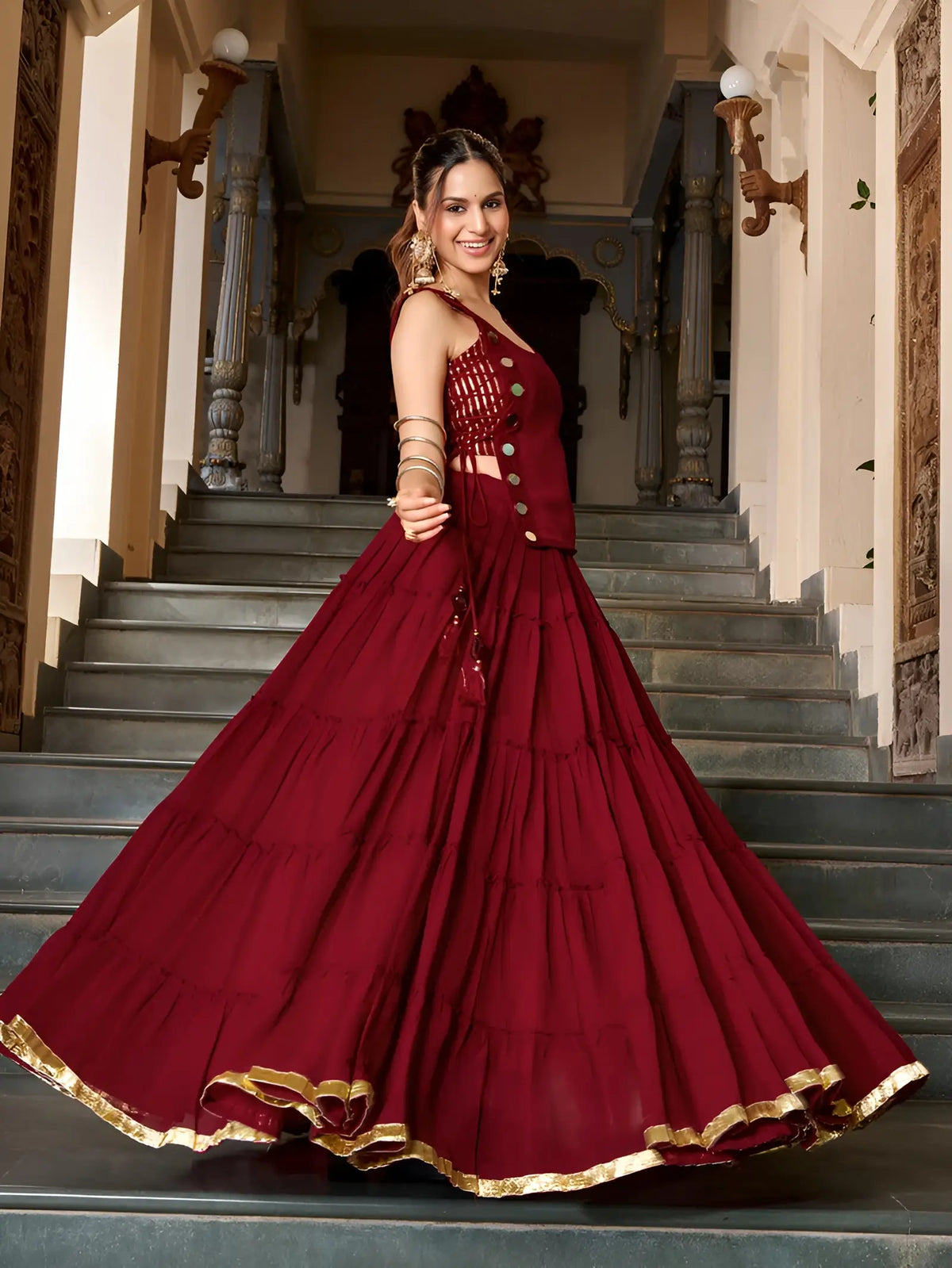 14 Meter Flair | Red Lightweight Navratri Lehenga With Mirror Work Koti