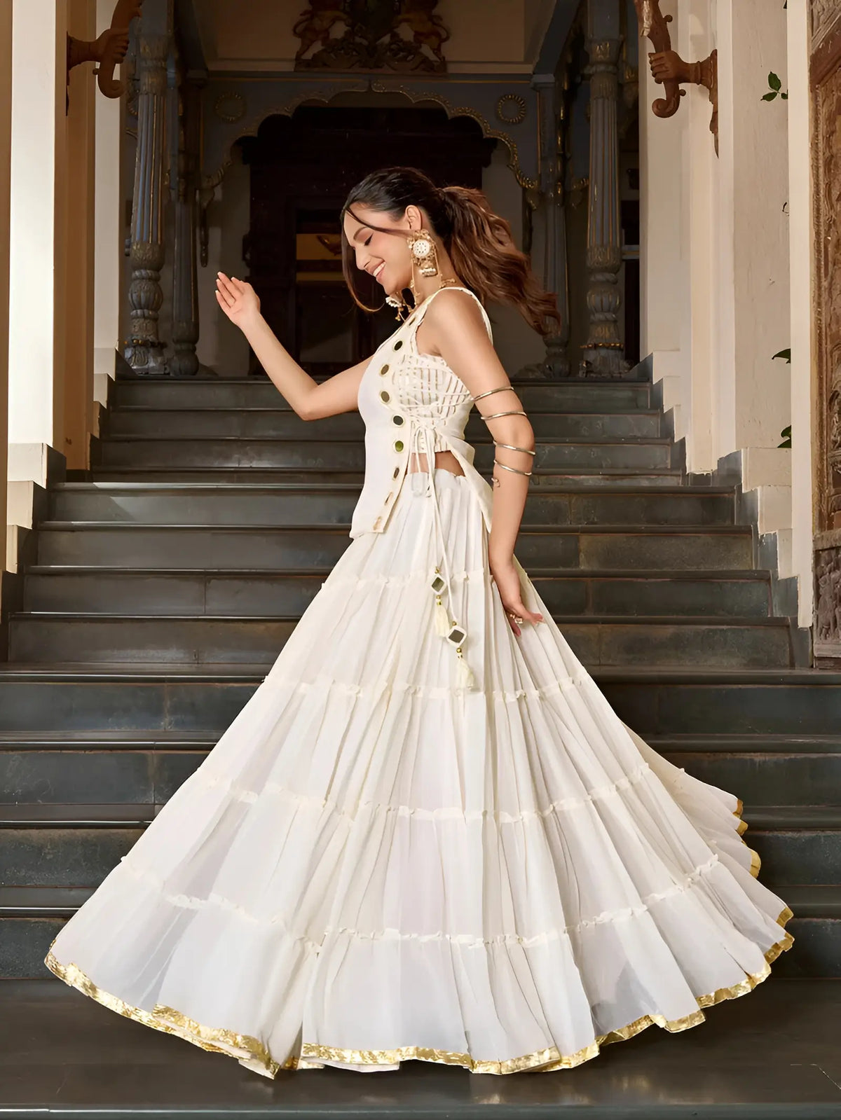 14 Meter Flair | White Lightweight Navratri Lehenga With Mirror Work Koti