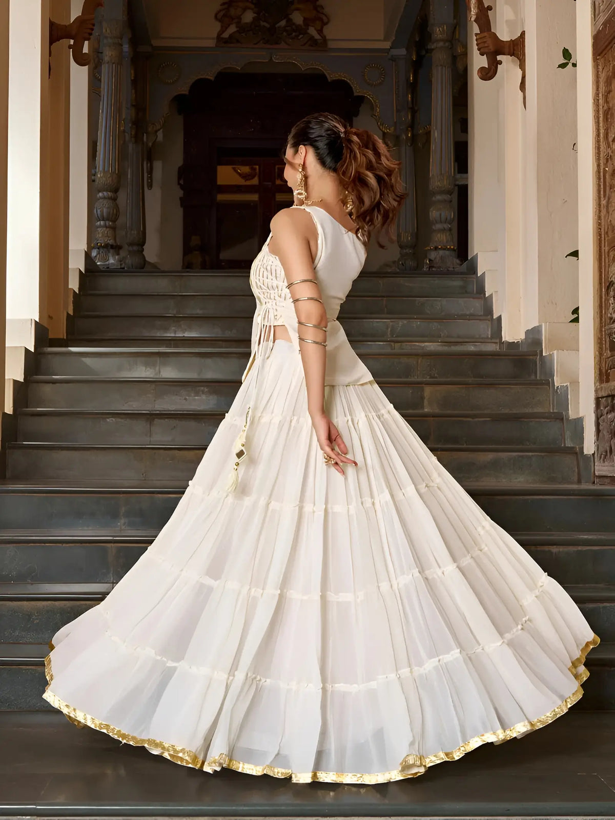 14 Meter Flair | White Lightweight Navratri Lehenga With Mirror Work Koti