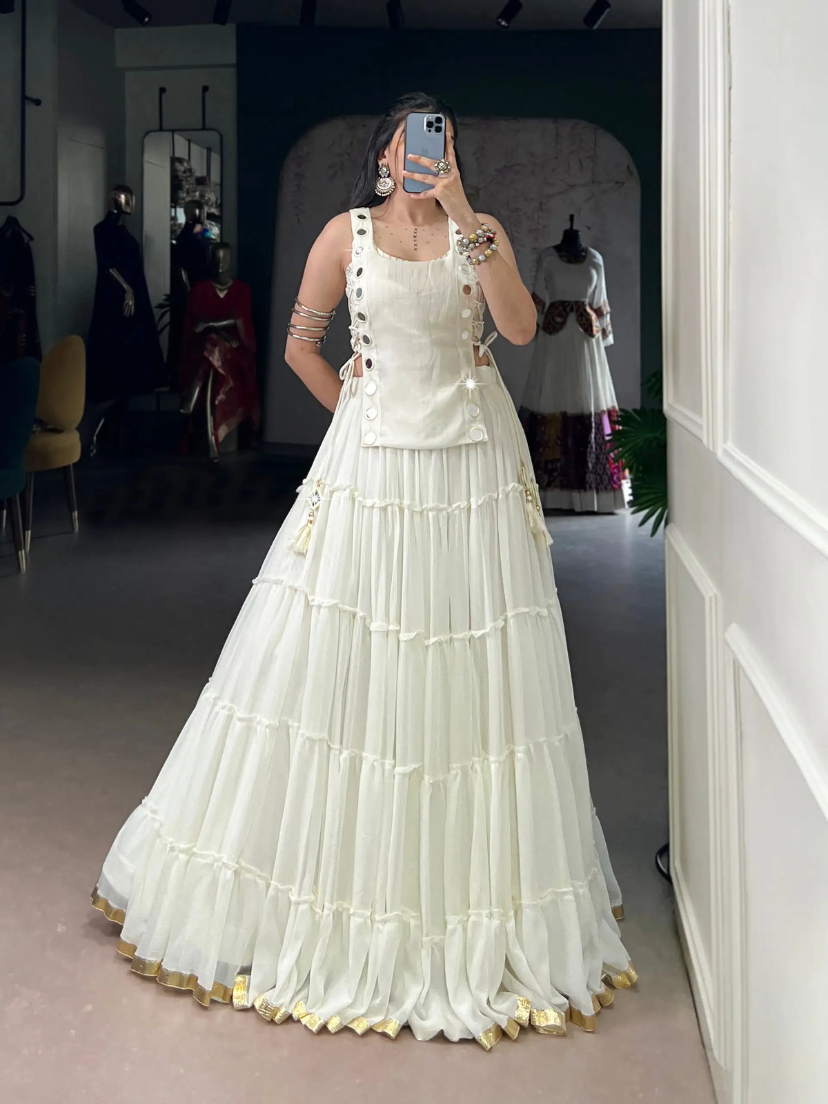 14 Meter Flair | White Lightweight Navratri Lehenga With Mirror Work Koti