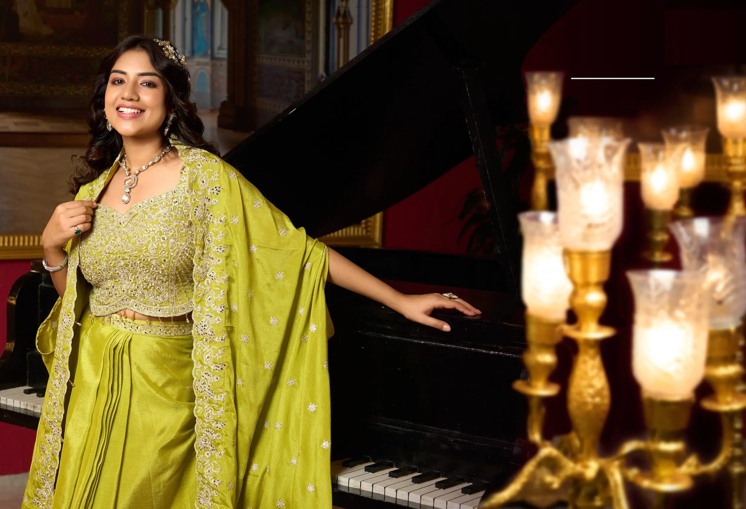 Parrot Green Embroidery Indo Western Set