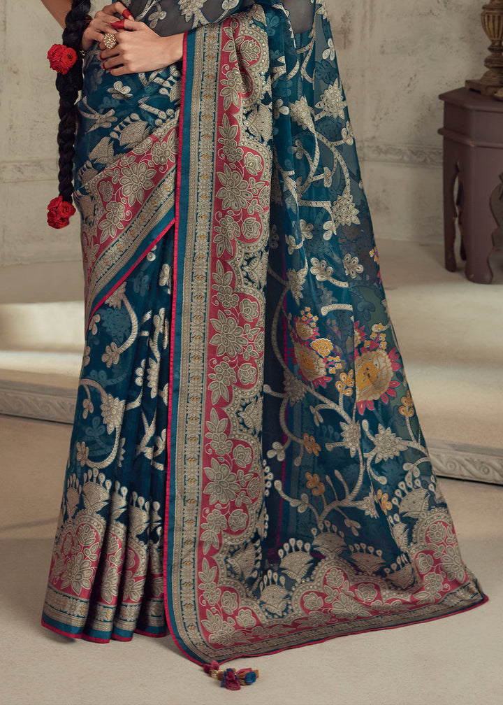 Indigo Dye Blue Floral Printed Organza Silk Saree