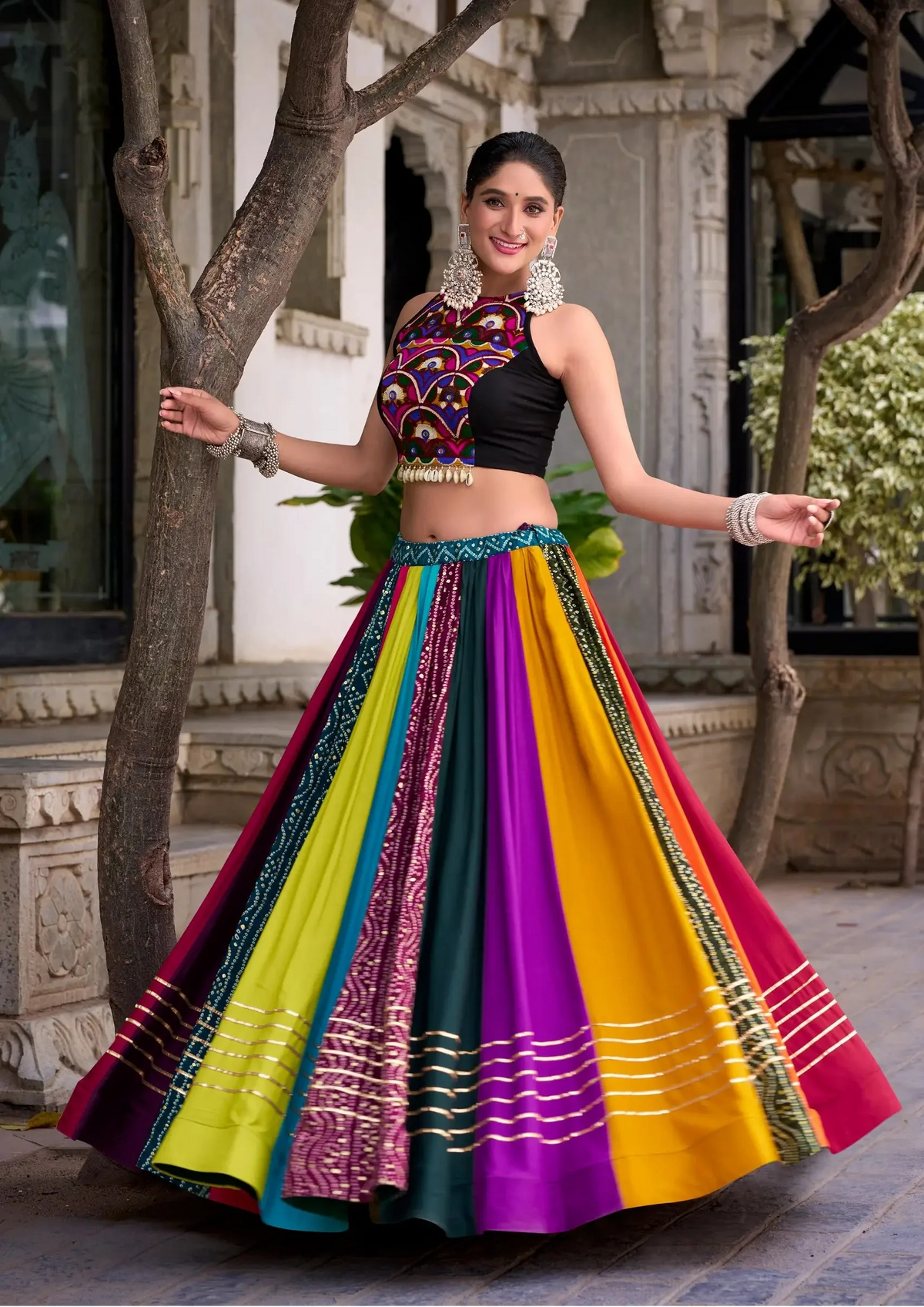8 Meter Flair | Multicolor Gamthi Work & Printed Chaniya Choli