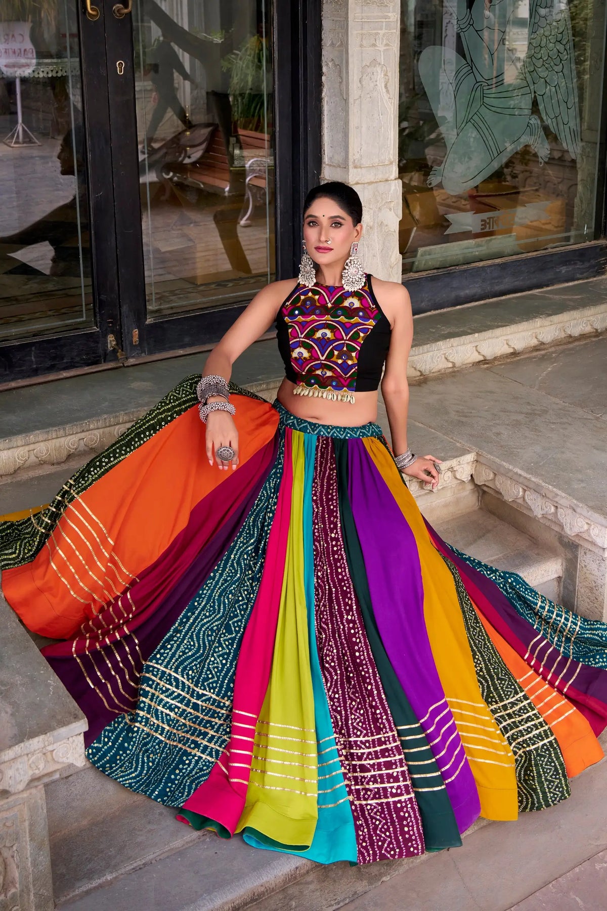 8 Meter Flair | Multicolor Gamthi Work & Printed Chaniya Choli