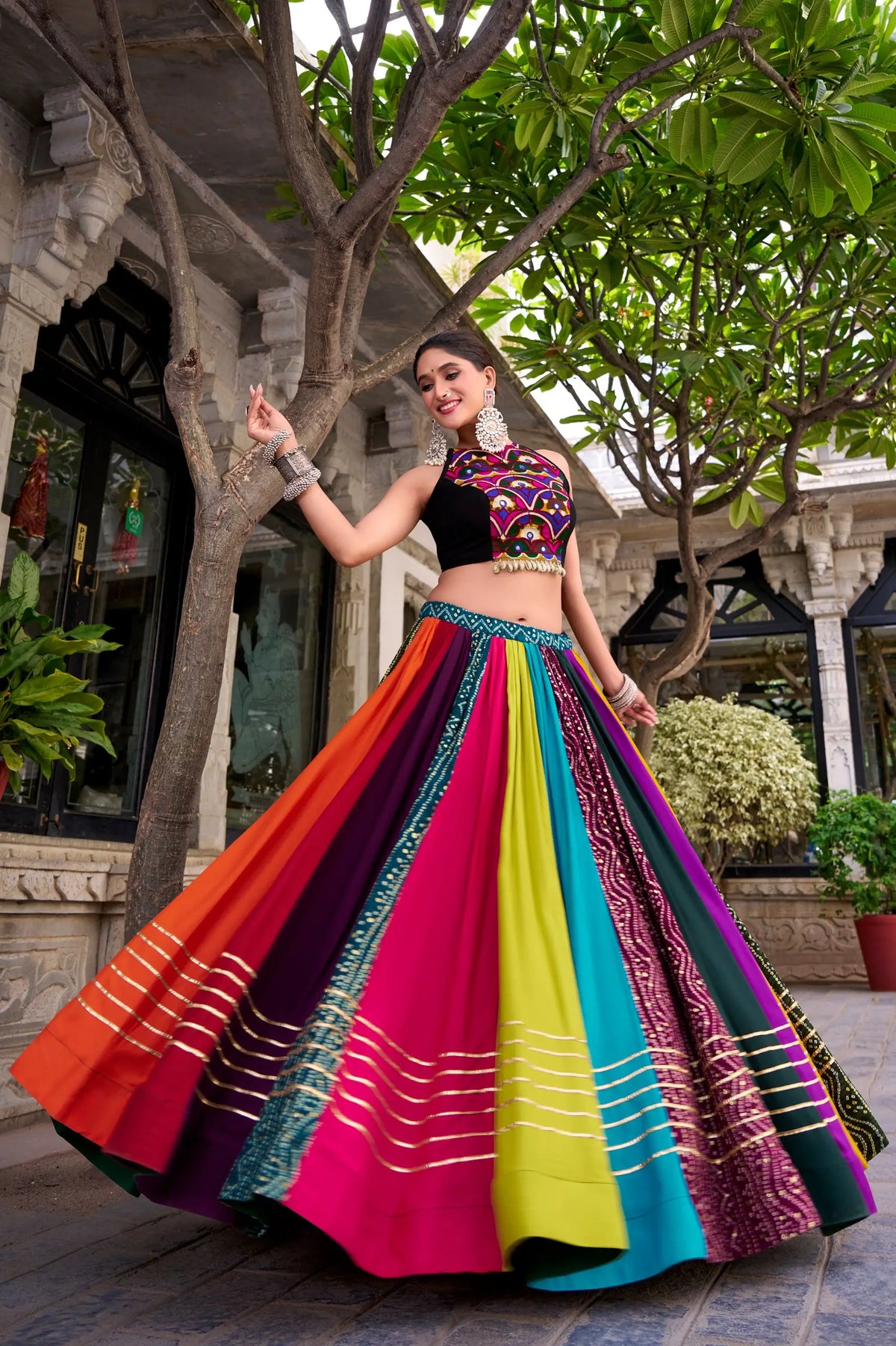 8 Meter Flair | Multicolor Gamthi Work & Printed Chaniya Choli