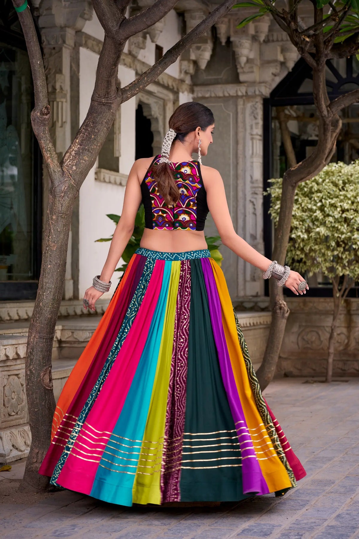 8 Meter Flair | Multicolor Gamthi Work & Printed Chaniya Choli