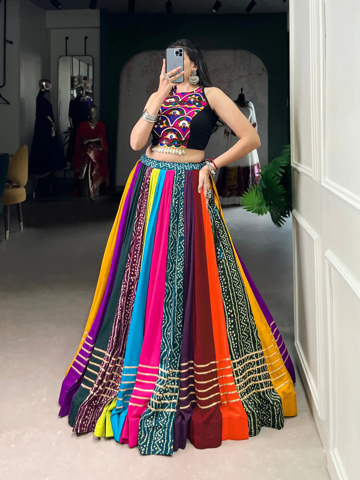8 Meter Flair | Multicolor Gamthi Work & Printed Chaniya Choli