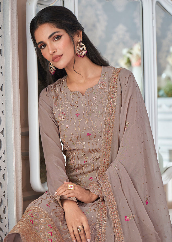 Elephant Grey Organza Silk Embroidered Salwar Suit By Qivii