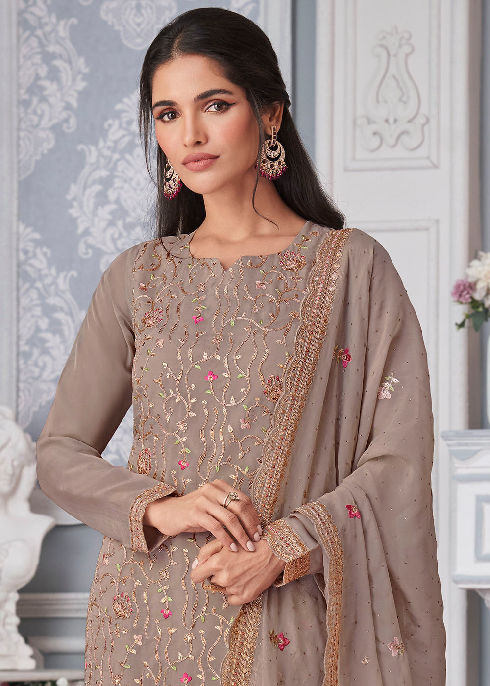 Elephant Grey Organza Silk Embroidered Salwar Suit By Qivii