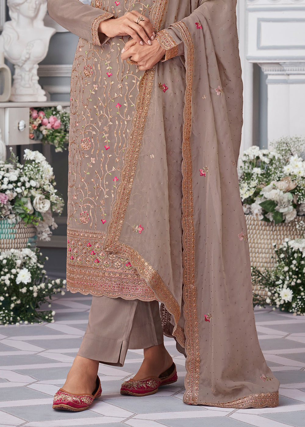 Elephant Grey Organza Silk Embroidered Salwar Suit By Qivii