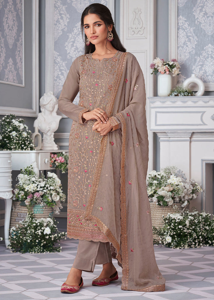 Elephant Grey Organza Silk Embroidered Salwar Suit By Qivii