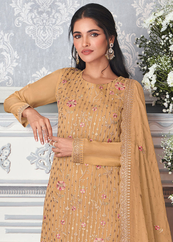 Sepia Yellow Organza Silk Embroidered Salwar Suit By Qivii