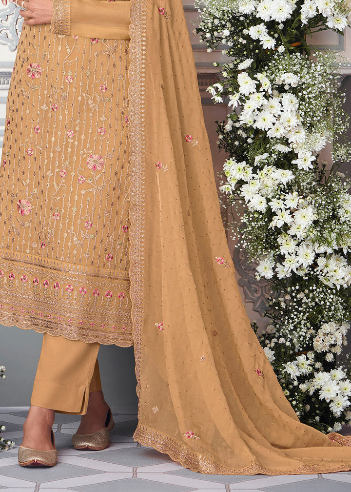 Sepia Yellow Organza Silk Embroidered Salwar Suit By Qivii