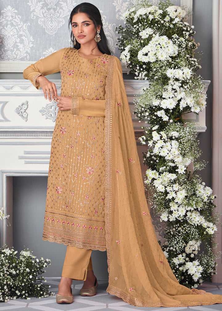 Sepia Yellow Organza Silk Embroidered Salwar Suit By Qivii