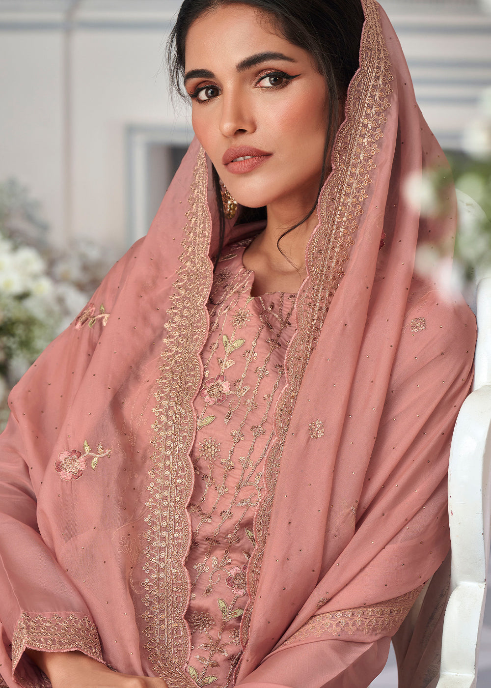 Puce Pink Organza Silk Embroidered Salwar Suit By Qivii