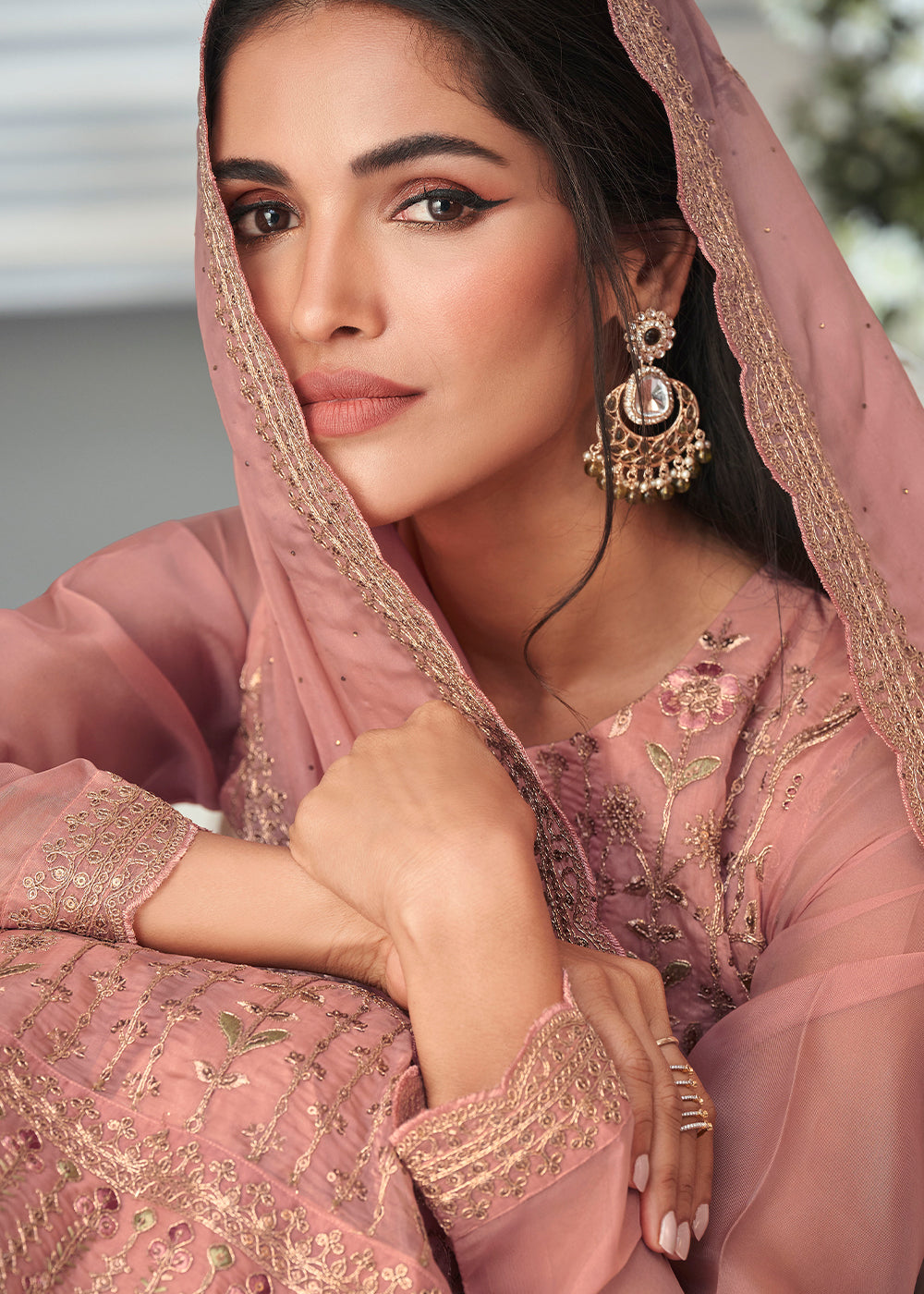 Puce Pink Organza Silk Embroidered Salwar Suit By Qivii