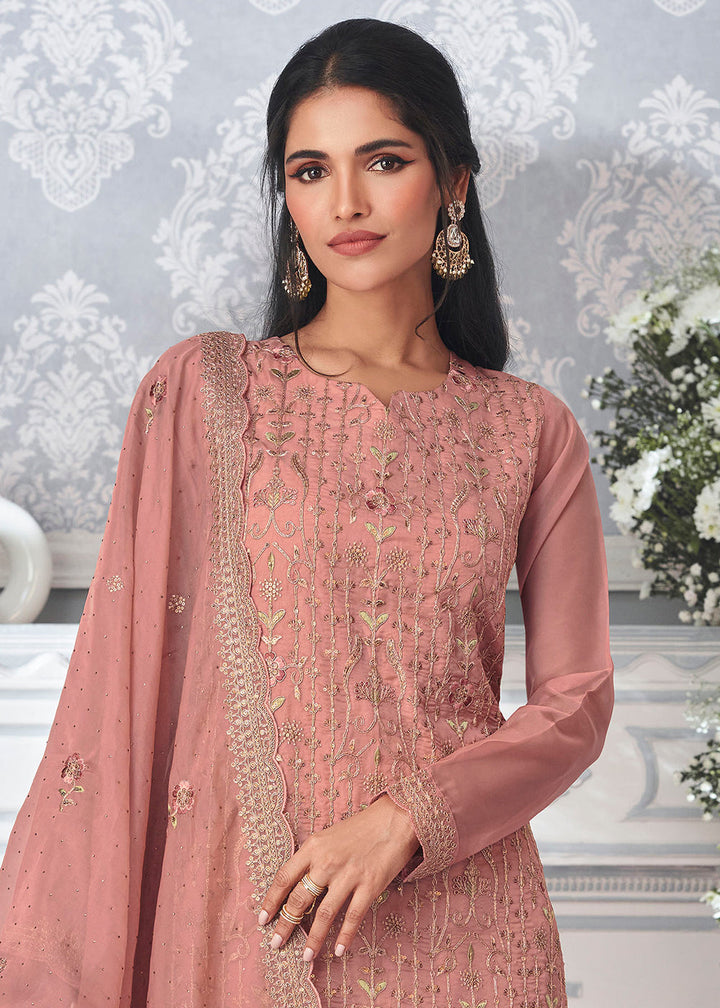 Puce Pink Organza Silk Embroidered Salwar Suit By Qivii