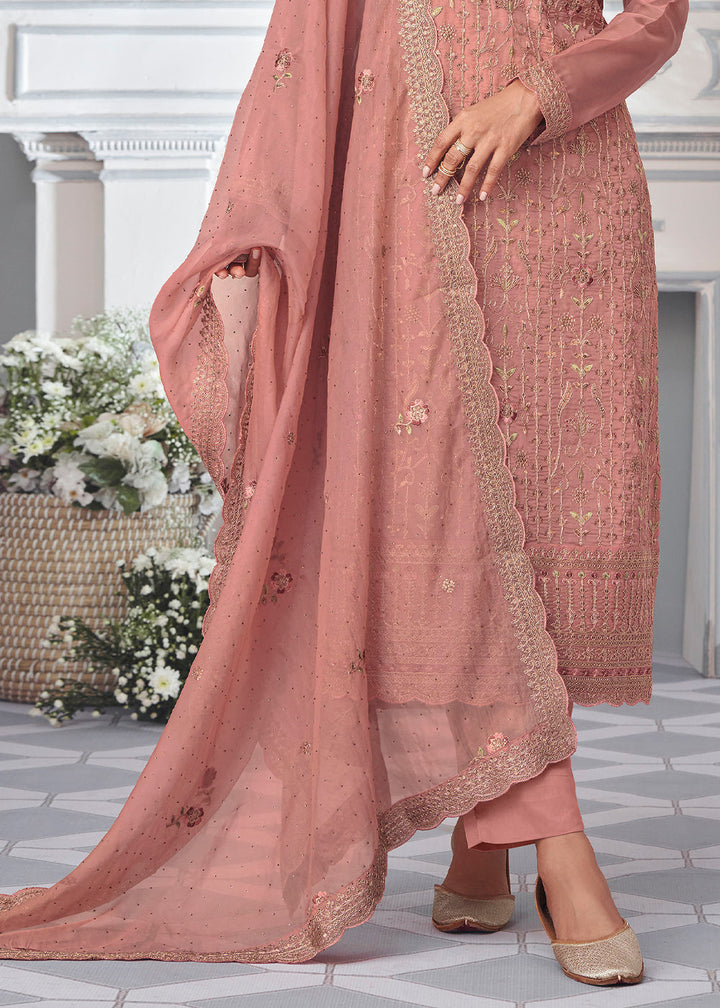 Puce Pink Organza Silk Embroidered Salwar Suit By Qivii