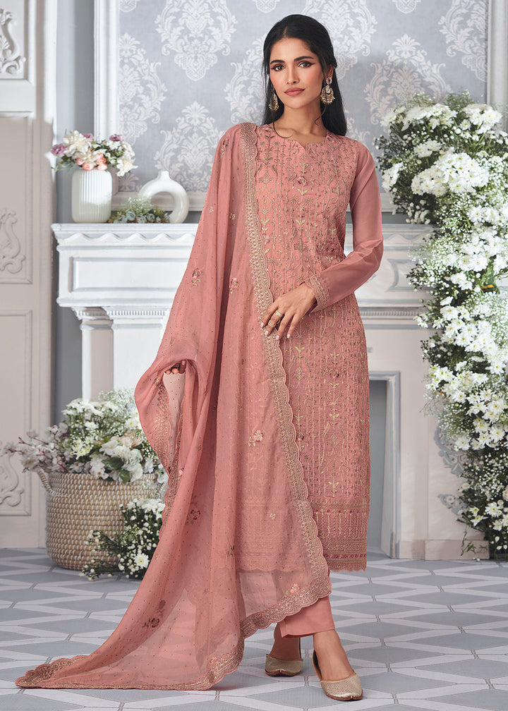 Puce Pink Organza Silk Embroidered Salwar Suit By Qivii