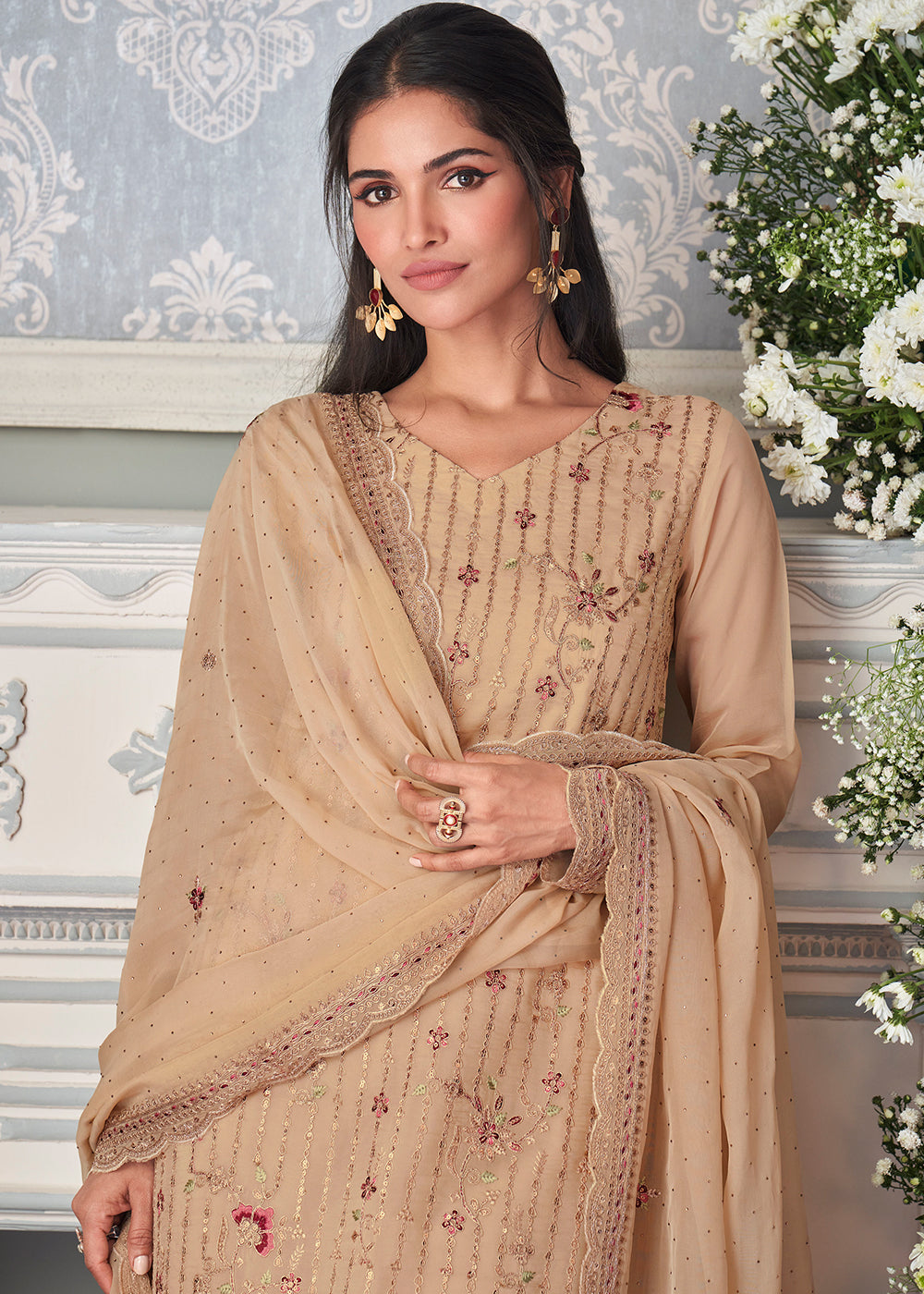 Tan Brown Organza Silk Embroidered Salwar Suit By Qivii