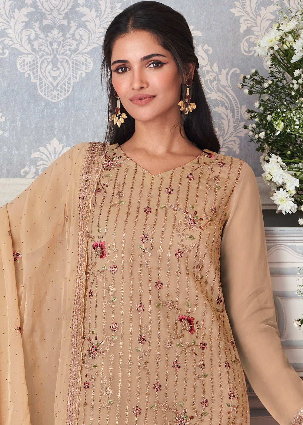 Tan Brown Organza Silk Embroidered Salwar Suit By Qivii