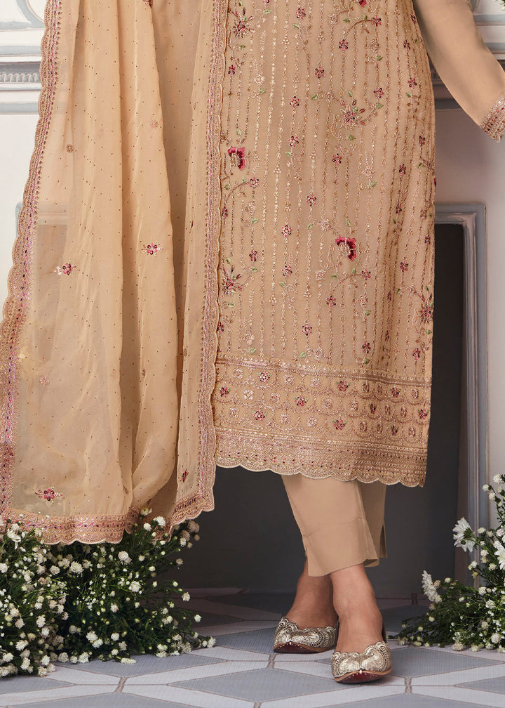 Tan Brown Organza Silk Embroidered Salwar Suit By Qivii