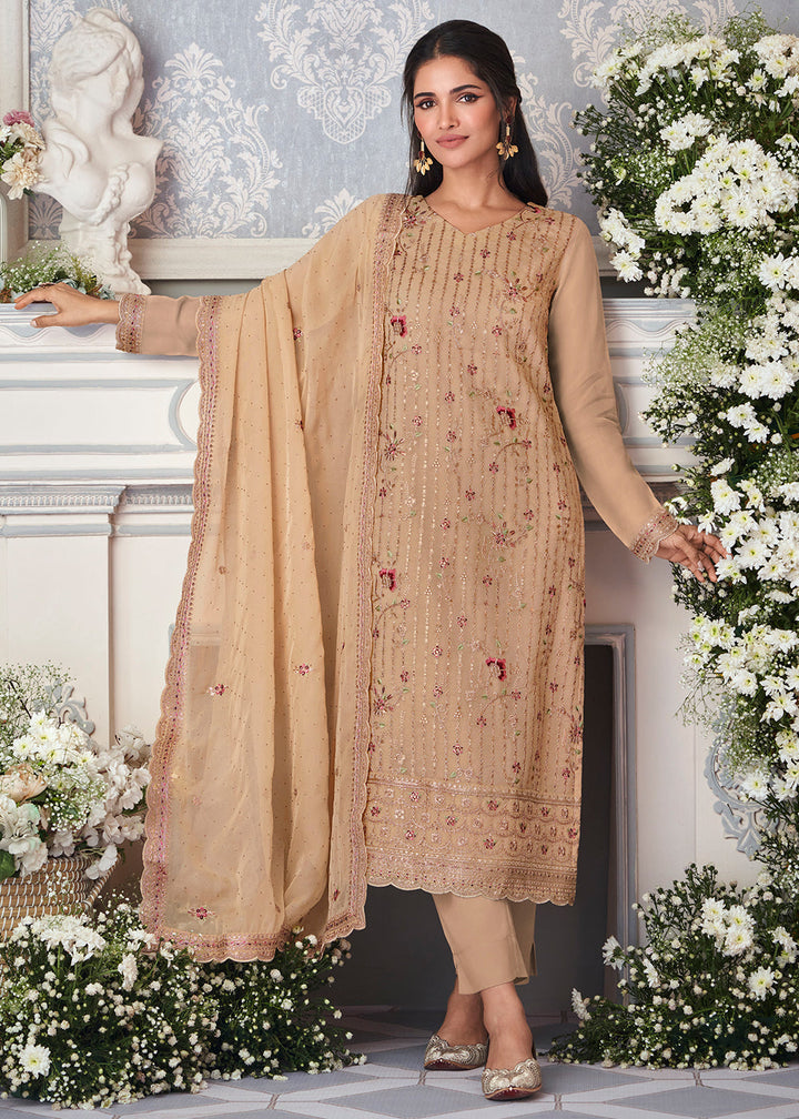 Tan Brown Organza Silk Embroidered Salwar Suit By Qivii