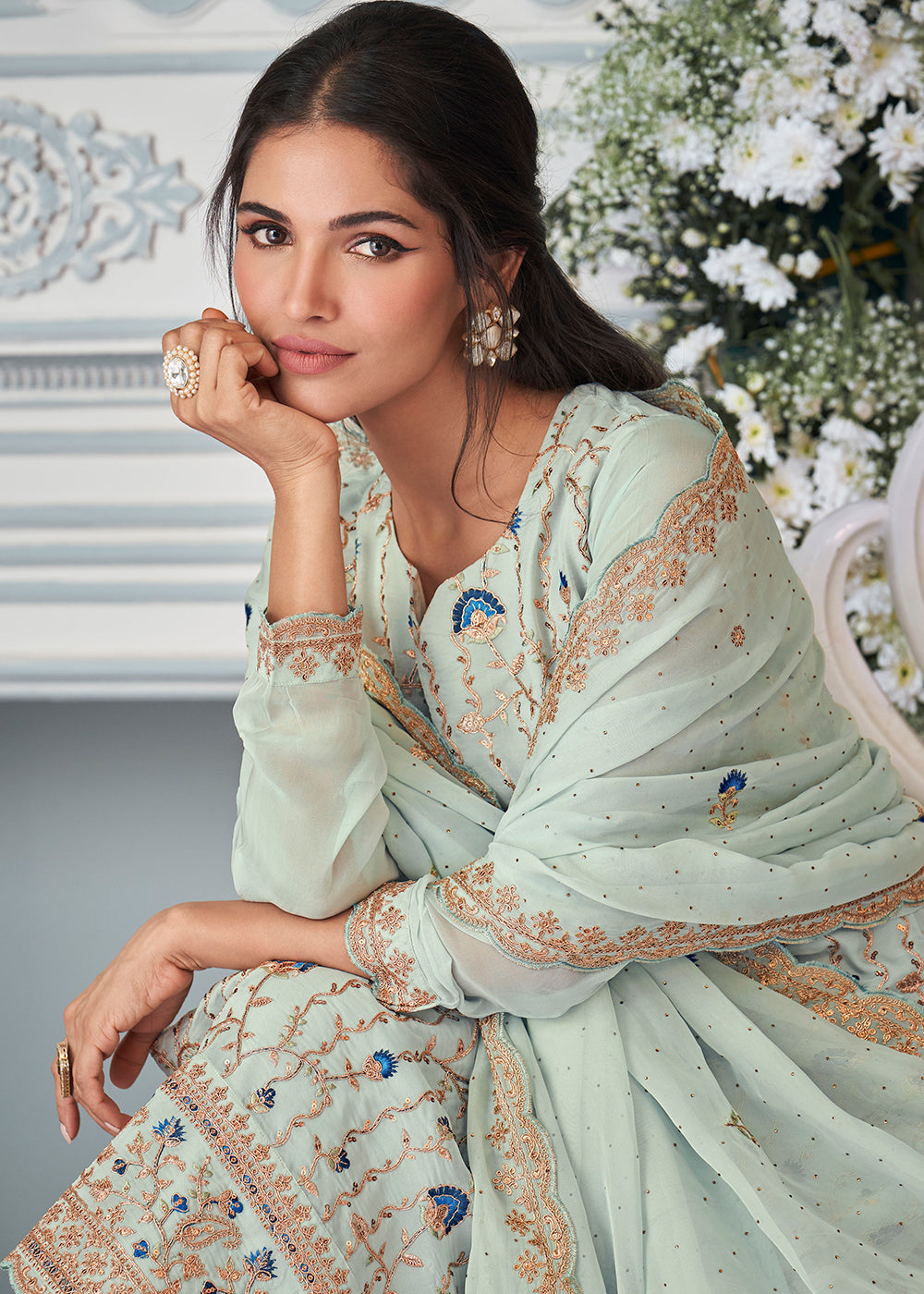 Coral Blue Organza Silk Embroidered Salwar Suit By Qivii