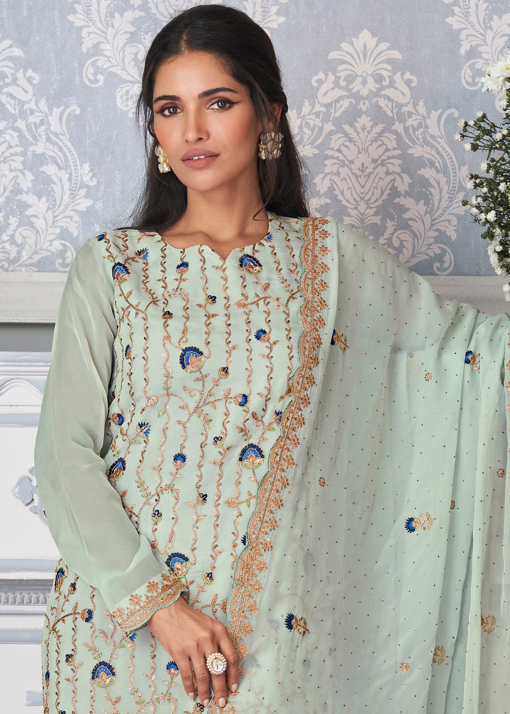 Coral Blue Organza Silk Embroidered Salwar Suit By Qivii