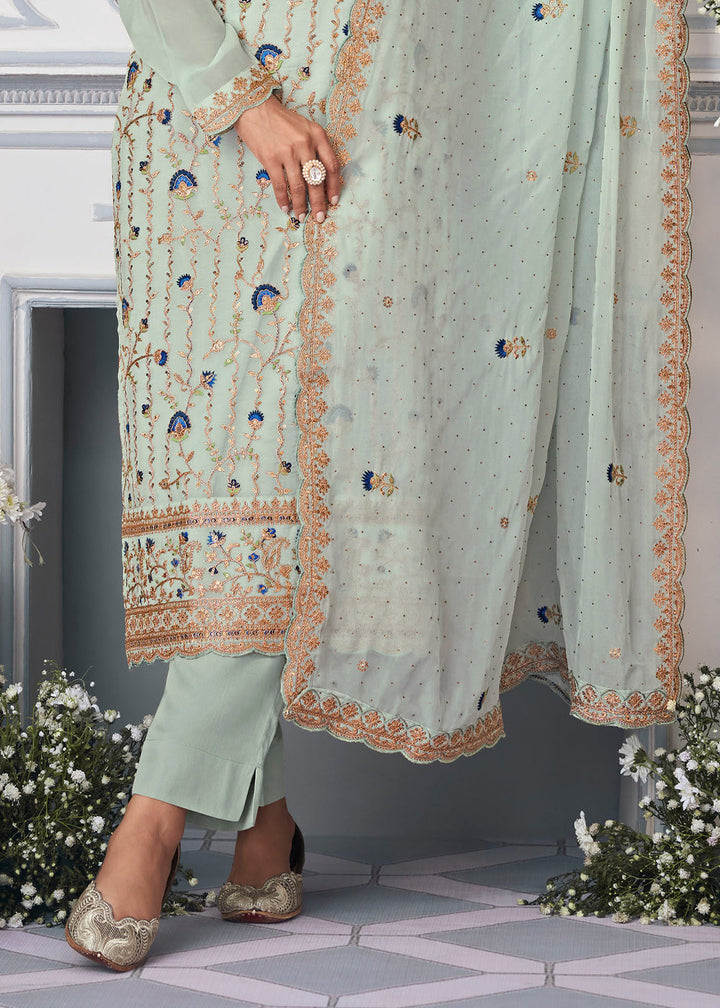 Coral Blue Organza Silk Embroidered Salwar Suit By Qivii