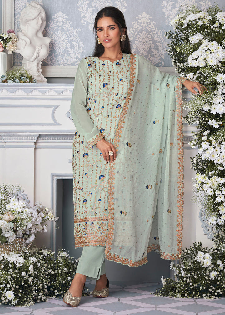 Coral Blue Organza Silk Embroidered Salwar Suit By Qivii