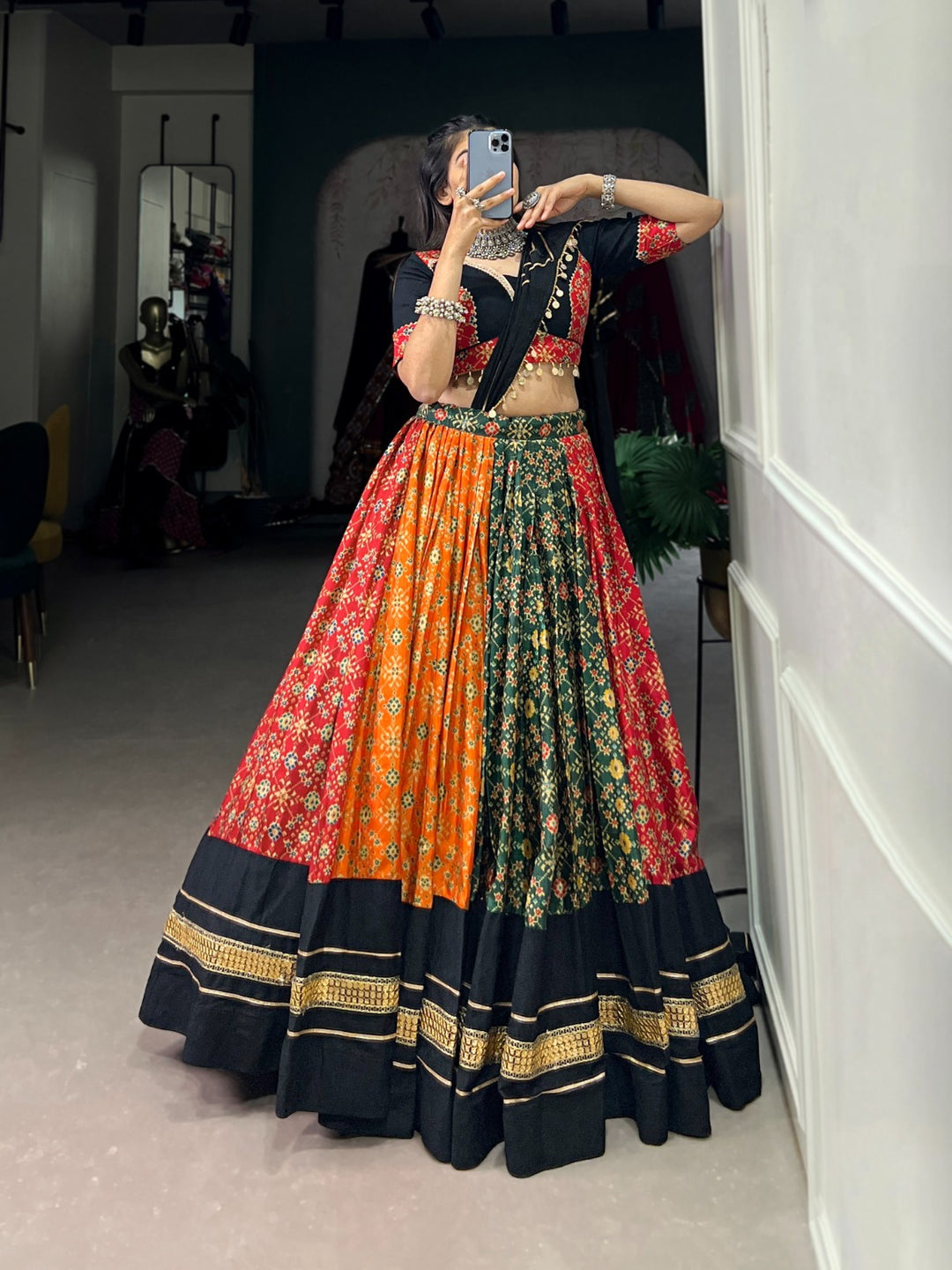 BLACK & ORANGE Dola Silk And Pure Cotton Foil Print With Plain And Sequins Lace Lehenga