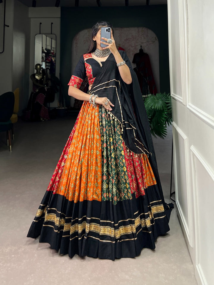 BLACK & ORANGE Dola Silk And Pure Cotton Foil Print With Plain And Sequins Lace Lehenga