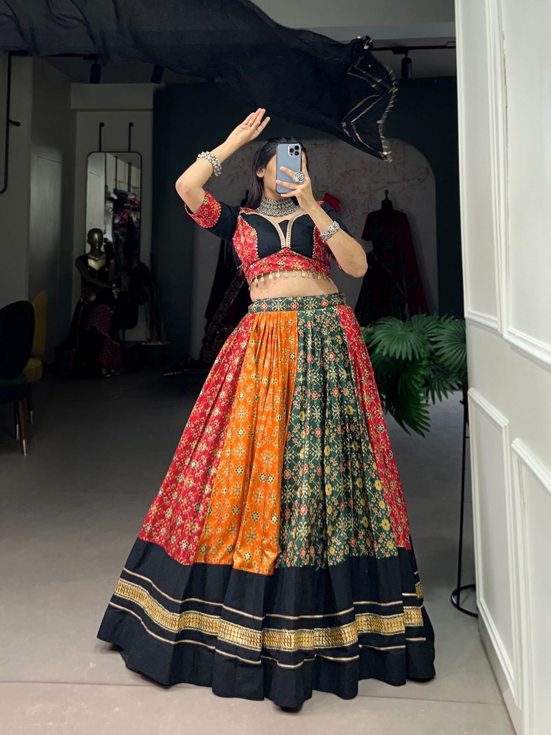 BLACK & ORANGE Dola Silk And Pure Cotton Foil Print With Plain And Sequins Lace Lehenga