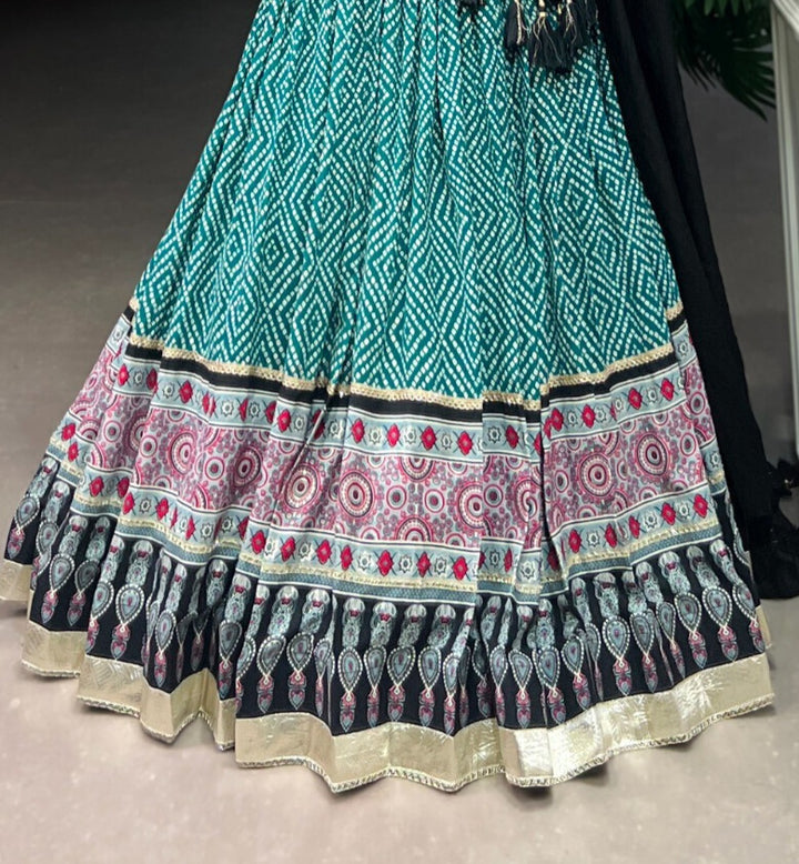 Green Rayon Bandhej And Ajarakh Print With Embossed Design Gota Lace Touch up  Lehenga Choli