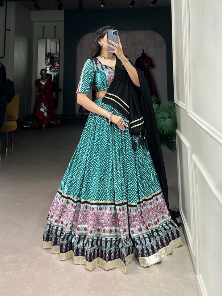 Green Rayon Bandhej And Ajarakh Print With Embossed Design Gota Lace Touch up  Lehenga Choli