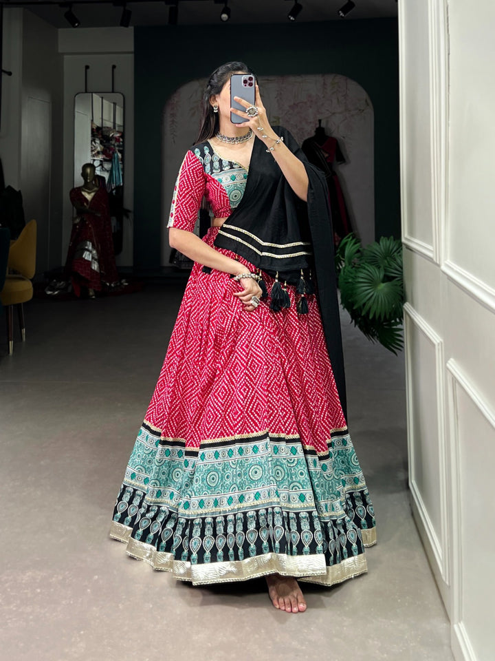 Pink Rayon Bandhej And Ajarakh Print With Embossed Design Gota Lace Touch up  Lehenga Choli