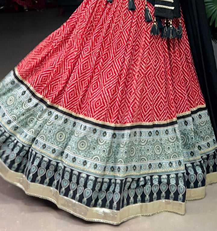 Red Rayon Bandhej And Ajarakh Print With Embossed Design Gota Lace Touch up  Lehenga Choli