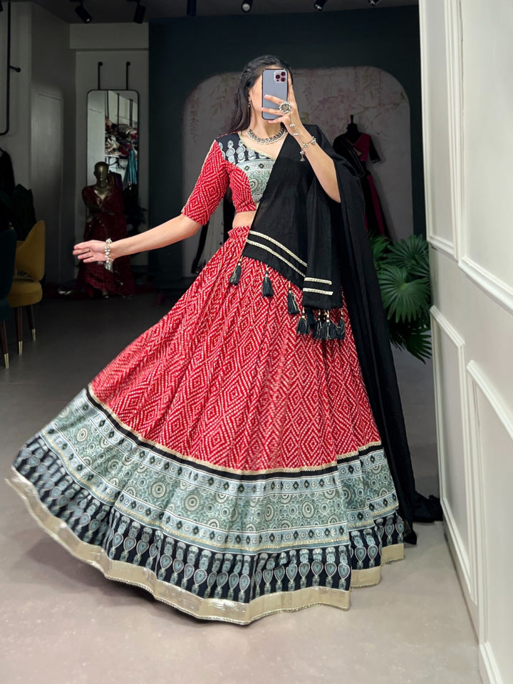 Red Rayon Bandhej And Ajarakh Print With Embossed Design Gota Lace Touch up  Lehenga Choli