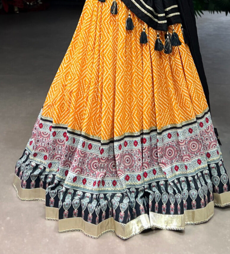 Yellow Rayon  Bandhej And Ajarakh Print With Embossed Design Gota Lace Touch up  Lehenga Choli