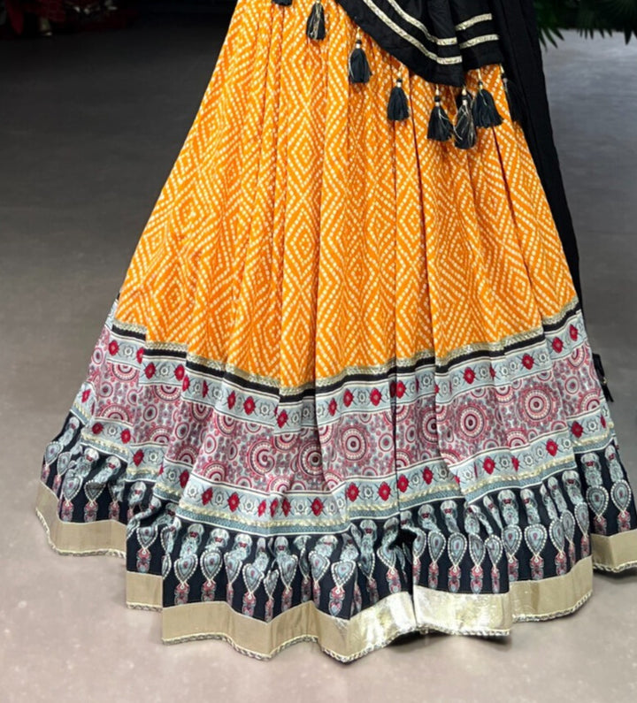 Yellow Rayon  Bandhej And Ajarakh Print With Embossed Design Gota Lace Touch up  Lehenga Choli