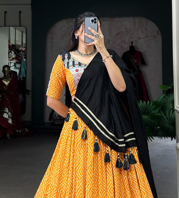 Yellow Rayon  Bandhej And Ajarakh Print With Embossed Design Gota Lace Touch up  Lehenga Choli