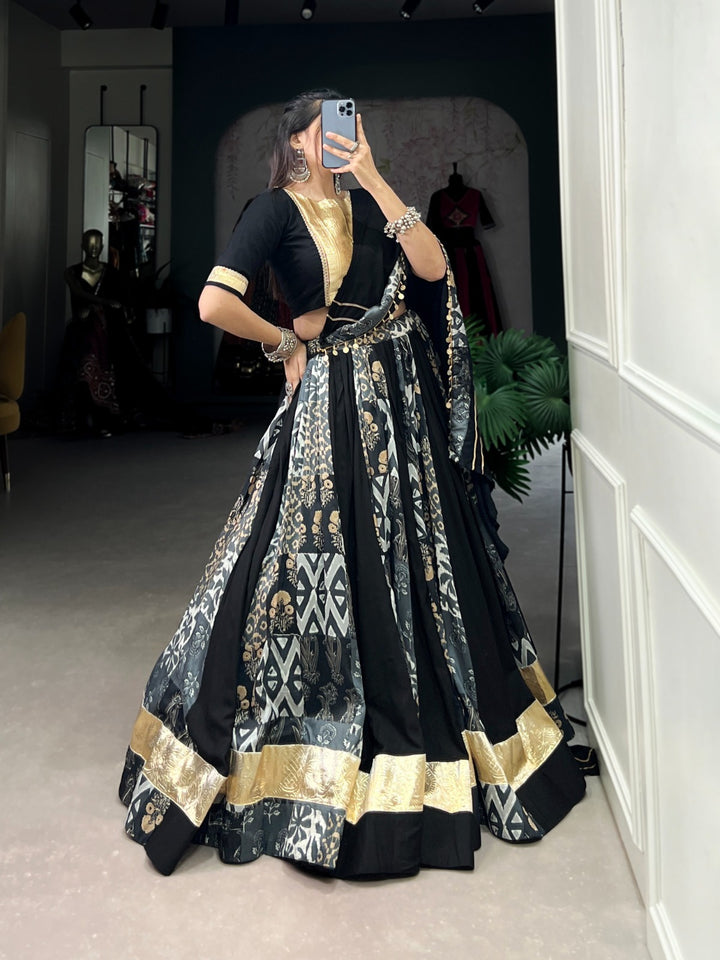 Black Color Rayon With Tussar Silk Plain And Printed With Embossed Design Gota Lace Touch up